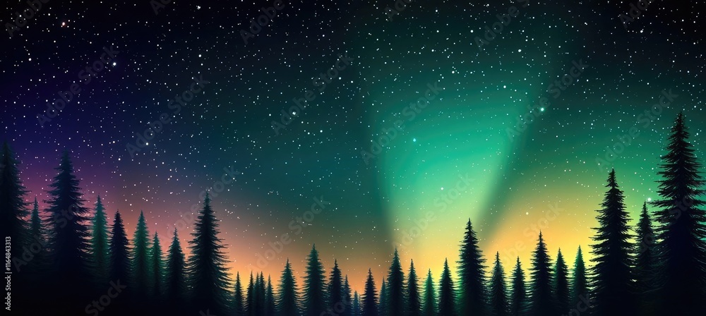 Starry abstract background idea. Breathtaking night sky with vibrant northern lights over silhouette of tall trees. Starry abstract background idea. Breathtaking night sky with vibrant northern lights over silhouette of tall trees.