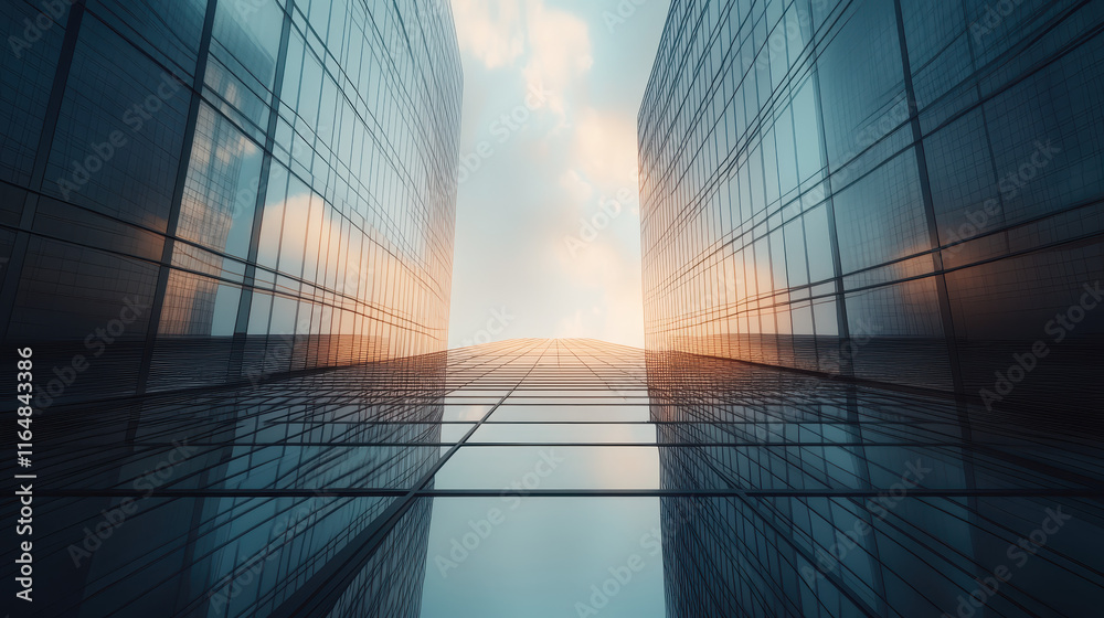 A sleek glass skyscraper with symmetrical windows, reflecting the sky and adding depth to its architecture A sleek glass skyscraper with symmetrical windows, reflecting the sky and adding depth to its architecture
