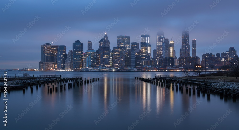 Obraz premium Dramatic evening skyline of new york city with reflective waterfront