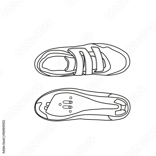 Template vector unisex cycling shoes, indoor riding shoes, riding shoe bicycle with delta cleats. Outline vector doodle illustration, front, and bottom view. Isolated on a white background.