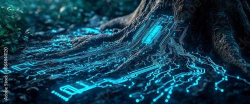 Futuristic tree roots with glowing circuit board pattern.