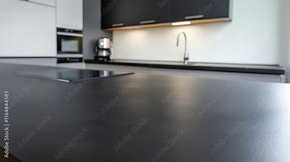 Highly polished black concrete countertop with faint speckles in modern kitchen. sleek design enhances contemporary aesthetic