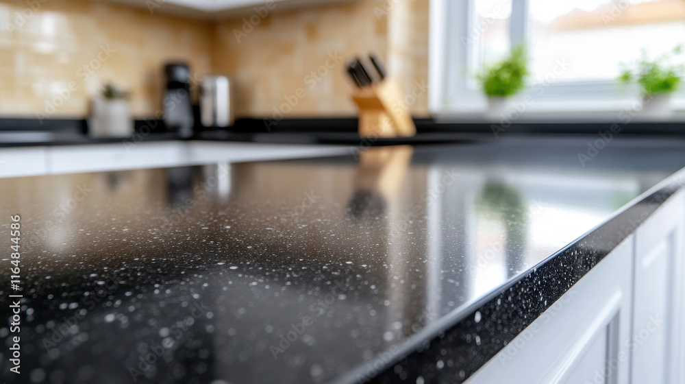 Highly polished black concrete countertop with faint speckles, showcasing modern kitchen design and elegant aesthetics Highly polished black concrete countertop with faint speckles, showcasing modern kitchen design and elegant aesthetics