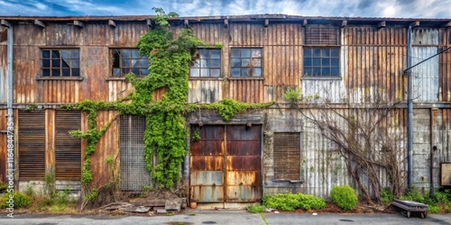 Rustic aged industrial building facade with overgrown vegetation, weathered metal siding, and rusty metal doors, exhibiting signs of decay and the passage of time.