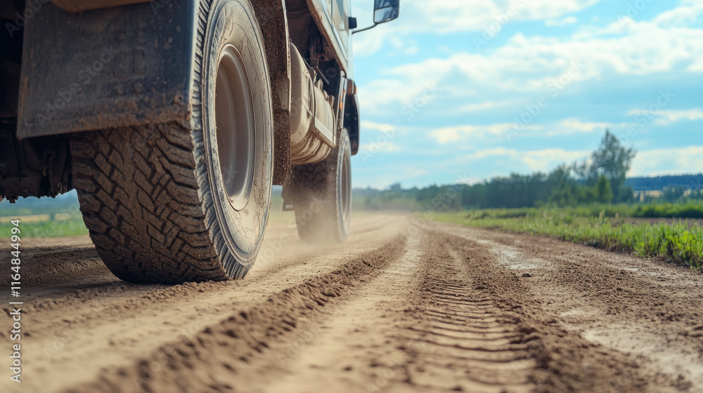 truck with bulging tire drives on dusty road, creating cloud of dust. scene captures ruggedness of off road travel truck with bulging tire drives on dusty road, creating cloud of dust. scene captures ruggedness of off road travel