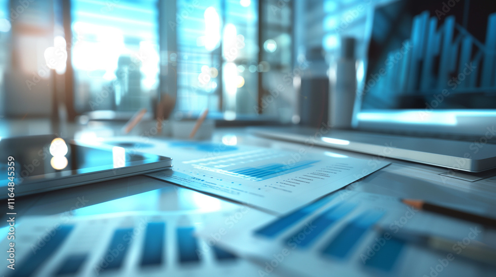 Modern Business Office with Financial Reports and Digital Devices; Focus on Data Analysis and Technology Modern Business Office with Financial Reports and Digital Devices; Focus on Data Analysis and Technology