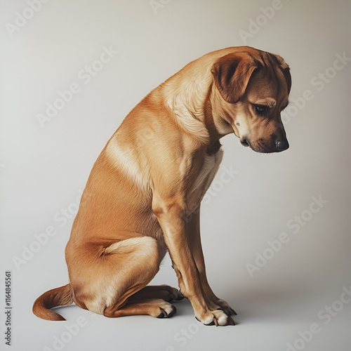 Dog sitting thoughtfully on a plain background, emotional pet portrait with minimalistic style
 photo