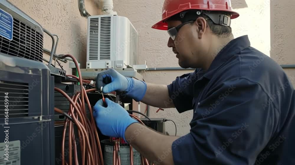 HVAC technician repairing an air conditioning unit outdoors.