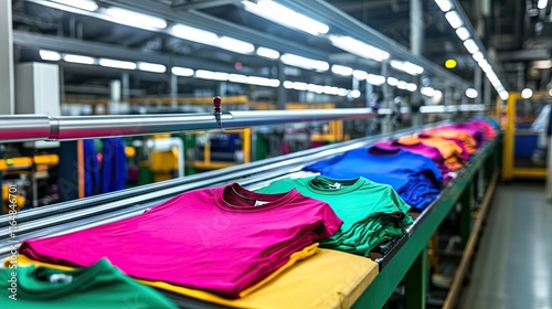 A dynamic production line with colorful T-shirt