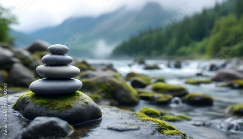 zen, stones, stacked, moss, rock, waterfall, gentle, mist, rising, mountain, range, lush, background, serene, tranquil, harmony, nature, balance, peaceful, meditative, scenic, outdoors, natural, calm, photo