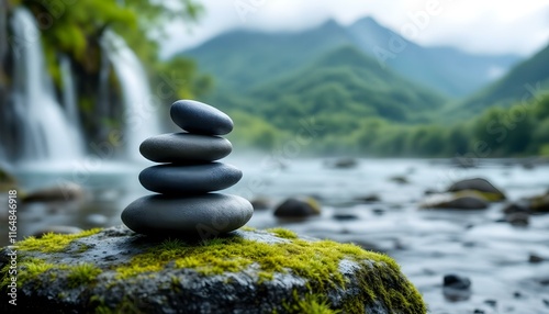 zen, stones, stacked, moss, rock, waterfall, gentle, mist, rising, mountain, range, lush, background, serene, tranquil, harmony, nature, balance, peaceful, meditative, scenic, outdoors, natural, calm, photo