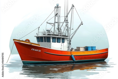 Vibrant Fishing Vessel Anchored on Tranquil Waters, Showcasing Detailed Design and Craftsmanship, Ideal for Marine, Ocean, and Sea Life Themes