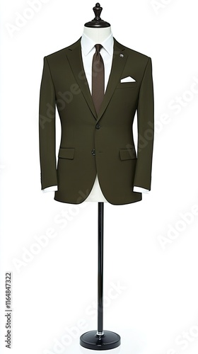 A sharp olive green suit displayed on a white mannequin, styled with a crisp white shirt and a dark brown tie.