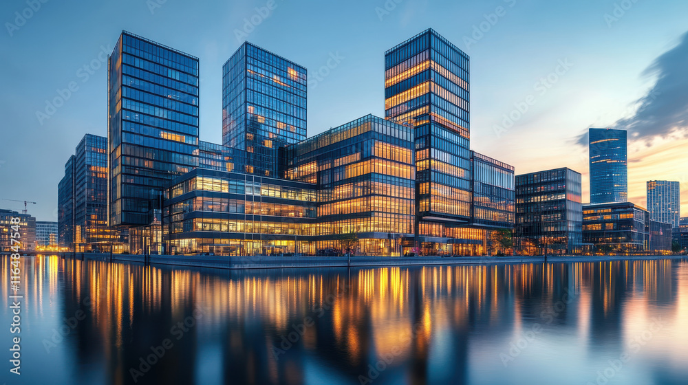 Fototapeta premium Modern office buildings with glass facades in the city center at dusk. Blue sky, reflections on the water, and an urban landscape