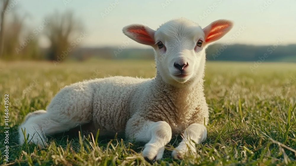 Adorable young lamb resting on fresh green grass in a serene countryside setting surrounded by soft sunlight and gentle nature, perfect for pastoral themes and spring imagery. Adorable young lamb resting on fresh green grass in a serene countryside setting surrounded by soft sunlight and gentle nature, perfect for pastoral themes and spring imagery.