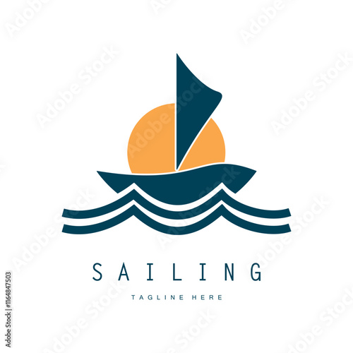 sea ​​wave sailboat logo and coconut tree on beach, for business, badge, company, vector