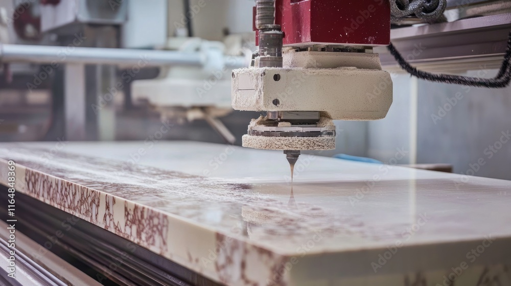 Fototapeta premium Advanced tile-cutting machines shaping large ceramic slabs into standard tile sizes with precision.