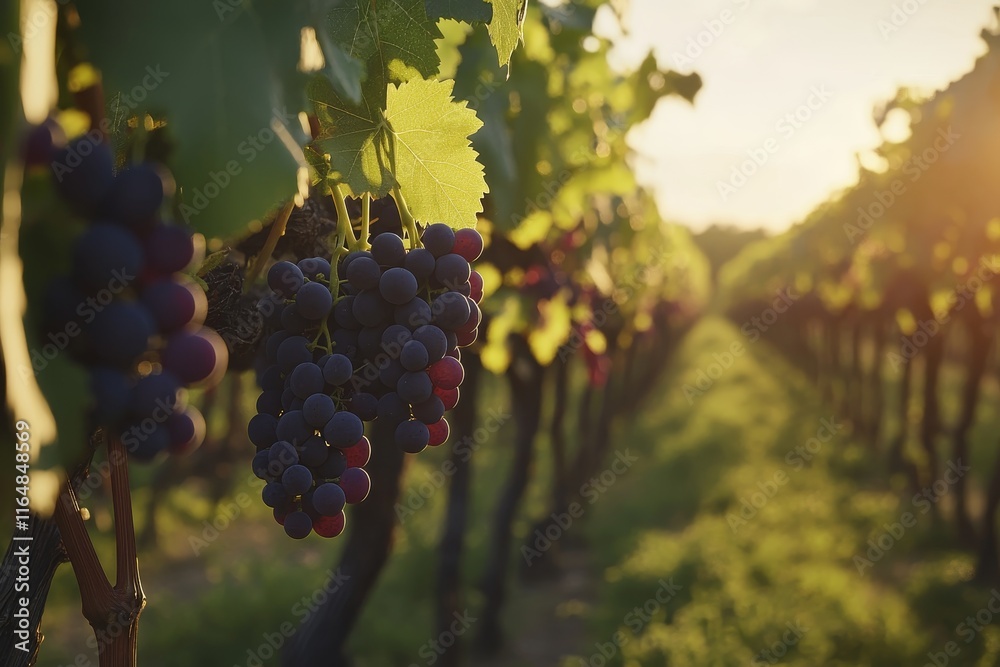 Fototapeta premium Ripe red grapes hanging on vine at sunset in vineyard.