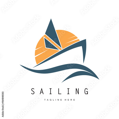 sea ​​wave sailboat logo and coconut tree on beach, for business, badge, company, vector