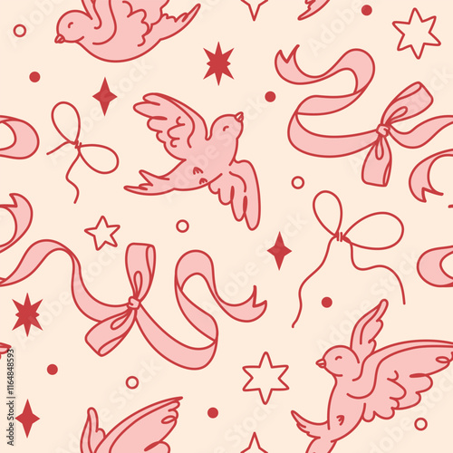 Seamless cream and pink tone background with abstract birds, ribbons and stars. Doodle hand drawn coquette print. Wedding or Valentine's Day wrapping paper. Endless romantic wonderland