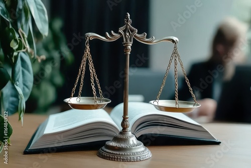 Elegant table with a brass scale symbolizing justice and legal balance set against an open law book in a modern office environment, representing the pursuit of truth and fairness photo