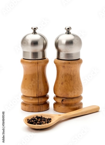 Wooden pepper mill and black pepper peas scattered on a white background