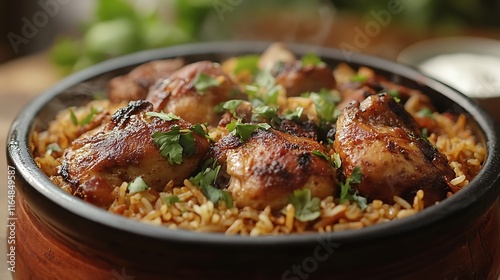 A cozy kitchen scene with a steaming pot of halal biryani, filled with fragrant rice, chicken, and spices, served with a side of yogurt sauce and garnished with mint