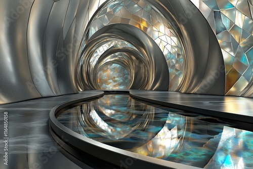 A fantastic iridescent interior setting with an indoor river, sometime in the future. photo