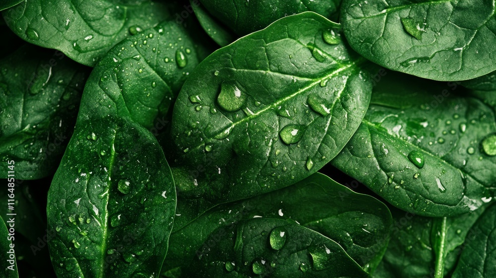 Fototapeta premium Background from fresh green spinach leaves with water drops. Texture of raw organic baby spinach close up. Food background