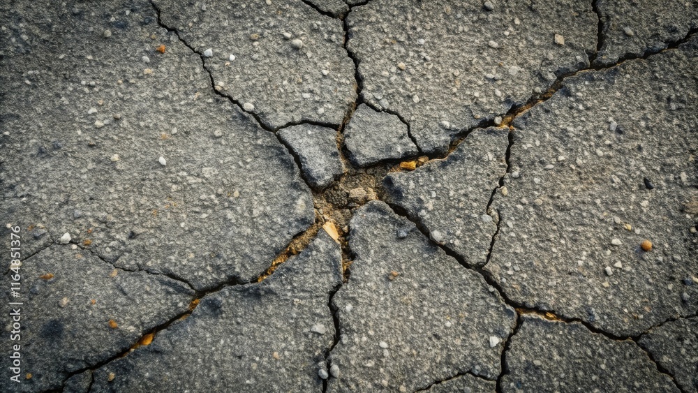 Obraz premium Cracked Surface Texture Starburst Pattern of Grey Ground with Small Stones and Yellowish Veins