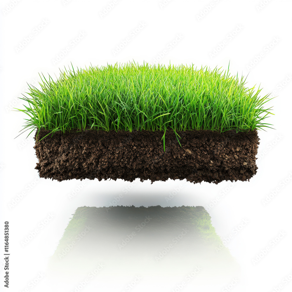 Fresh Green Grass on Dark Soil Block Floating Above Reflection with Bright Light Effect Capturing Nature's Essence and Beauty for Environmental Themes Fresh Green Grass on Dark Soil Block Floating Above Reflection with Bright Light Effect Capturing Nature's Essence and Beauty for Environmental Themes