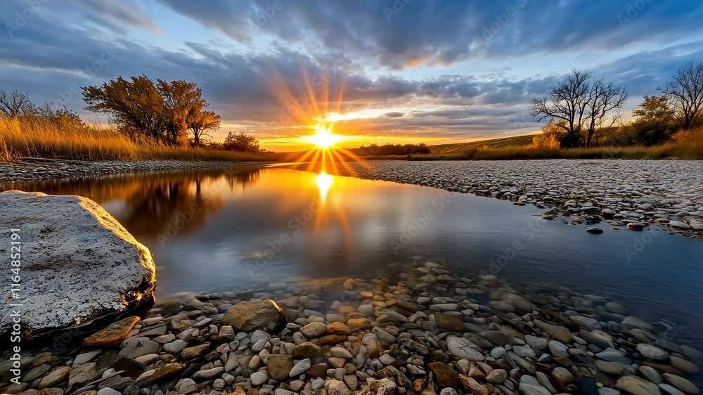 Stunning sunset reflections on tranquil river with rocks and clouds in natures embrace.