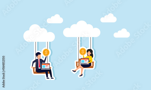 Businessman and businesswoman on swings hanging from clouds holding dollar coins and a laptop, illustration of a sharing session about marketplace business financial performance