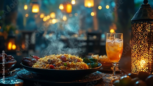A steaming dish of savory biryani served for Iftar, with fresh fruits, dates, and a refreshing drink, all under the soft glow of lanterns