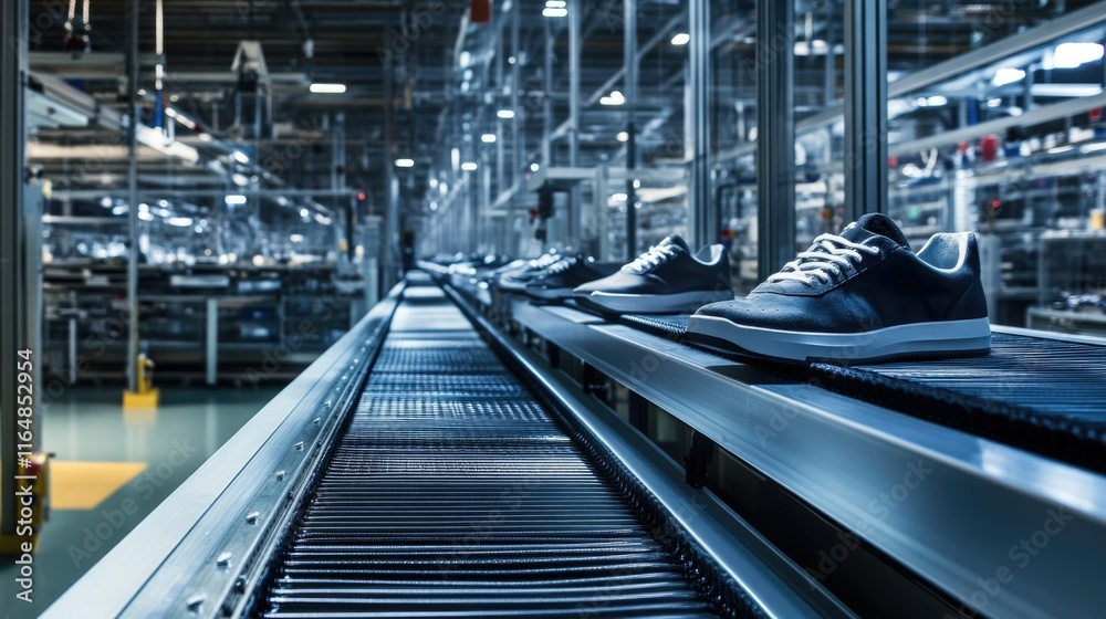 Conveyor belts carrying shoe soles and uppers through assembly lines in a sleek, high-tech production facility. Conveyor belts carrying shoe soles and uppers through assembly lines in a sleek, high-tech production facility.