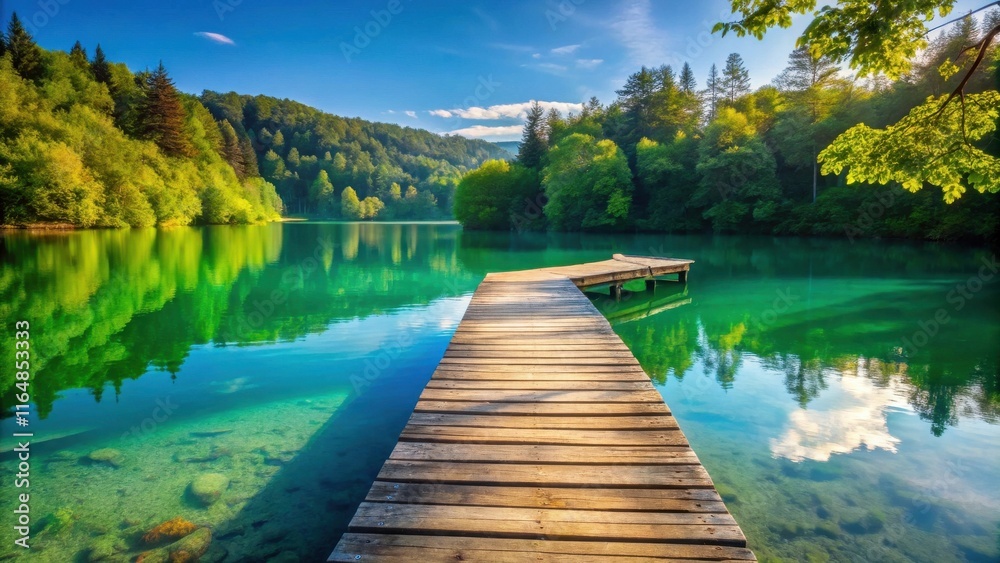 Serene Wooden Dock Extending into a Crystal-Clear Emerald Lake Surrounded by Lush Green Foliage Under a Bright Sunny Sky Serene Wooden Dock Extending into a Crystal-Clear Emerald Lake Surrounded by Lush Green Foliage Under a Bright Sunny Sky