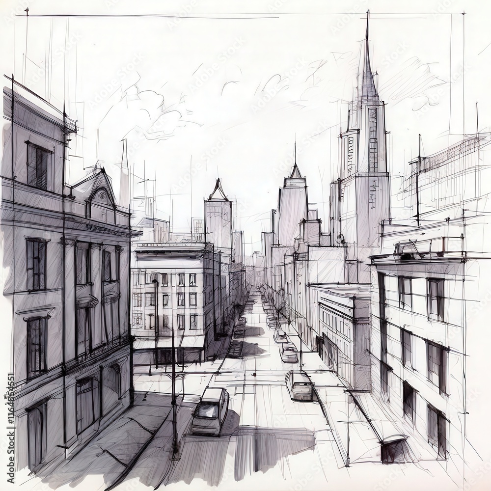 Fototapeta premium the AI Image Generator, Monochrome Urban City Sketch Illustrating Street