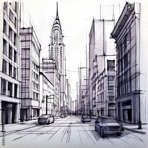 the AI Image Generator, Monochrome Urban City Sketch Illustrating Street