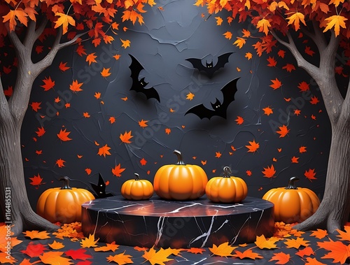 halloween decor inspiration with pumpkins and bats, autumn leaves, spooky ambiance, festive decorations for fall celebrations, halloween party ideas, seasonal styling with pumpkins and orange foliage photo