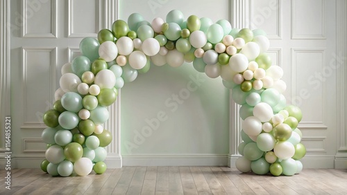 Elegant pastel balloon archway for festive event decoration in a room with white wainscoting