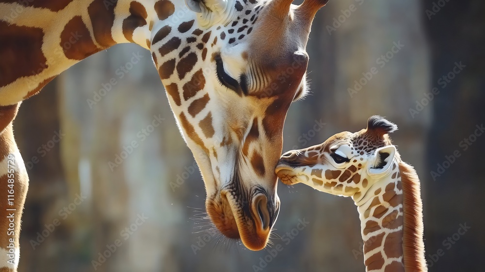 Obraz premium A touching moment between a mother giraffe and her calf, showcasing their bond in a natural setting.