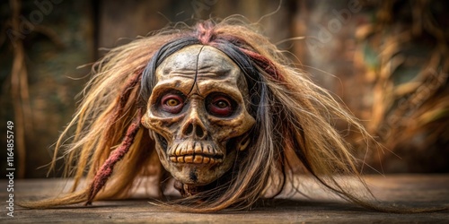 Shrunken head displayed as a macabre souvenir , macabre, souvenir, tribal, tradition, creepy, creepy, exotic, eerie, mystic