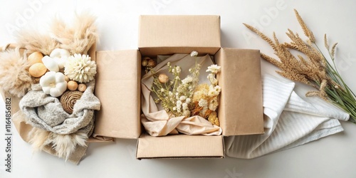 A cozy autumnal arrangement of dried flowers, pampas grass, and soft textiles nestled in kraft cardboard boxes
