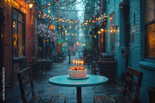 A delightful cake sits on a turquoise table, surrounded by charming alleyway cafes strung with colorful lights, creating a magical atmosphere in the cool evening air.