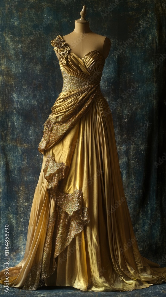 Golden evening gown with a fitted bodice and flowing fabric, styled for a radiant formal occasion. Golden evening gown with a fitted bodice and flowing fabric, styled for a radiant formal occasion.