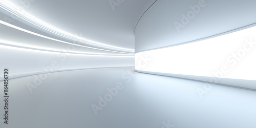 Empty space inside futuristic room, showroom, spaceship, hall or studio in perspective. Include ceiling, hidden light, white floor and abstract shape. Modern interior background of future, technology.