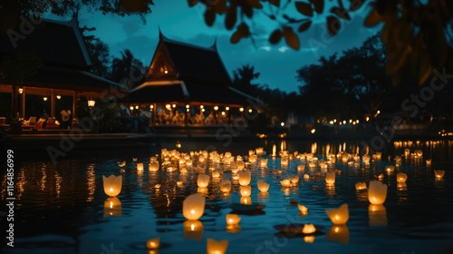 A beautiful Loy Kratong Festival celebration at night, with glowing Kratongs and lanterns floating on water, creating a peaceful and magical ambiance photo