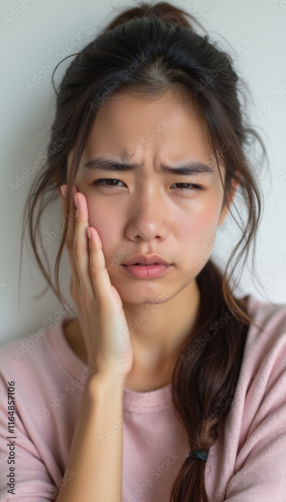 A young Asian woman with a worried expression gently touches her cheek, conveying a sense of distress or discomfort. Her tousled hair and soft pink sweater enhance the intimate and vulnerable A young Asian woman with a worried expression gently touches her cheek, conveying a sense of distress or discomfort. Her tousled hair and soft pink sweater enhance the intimate and vulnerable