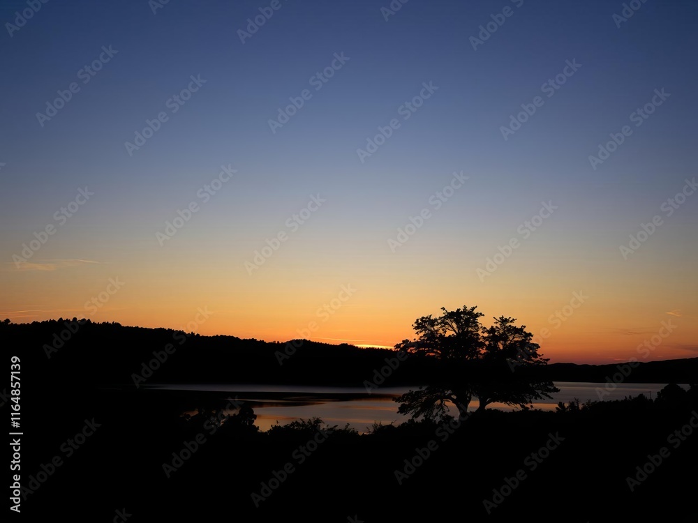 Sun setting over serene lake, with the warm glow of the fading light reflecting on the water and framed by a silhouette of a tree on the middle right side, serene, relaxing, scenic Sun setting over serene lake, with the warm glow of the fading light reflecting on the water and framed by a silhouette of a tree on the middle right side, serene, relaxing, scenic