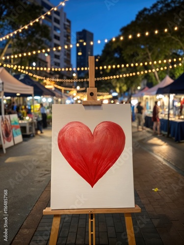 A large red heart painted on canvas stands on an easel, with vibrant market stalls illuminated by string lights creating a festive atmosphere during the evening.